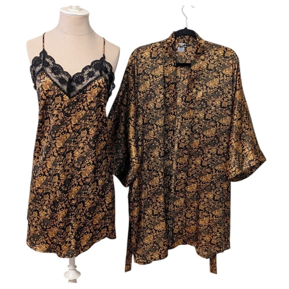 Vintage Sedu Gold Black Baroque Paisley Satin Chemise Nightgown & Robe‎ Set LG